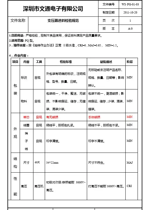 01-03 变压器进料检验规范