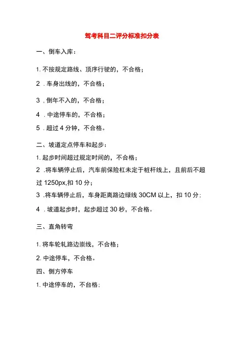 驾考科目二评分标准扣分表