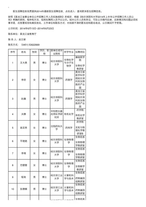 黑龙江哈尔滨医科大学2014年上半年拟聘用人员招聘启事