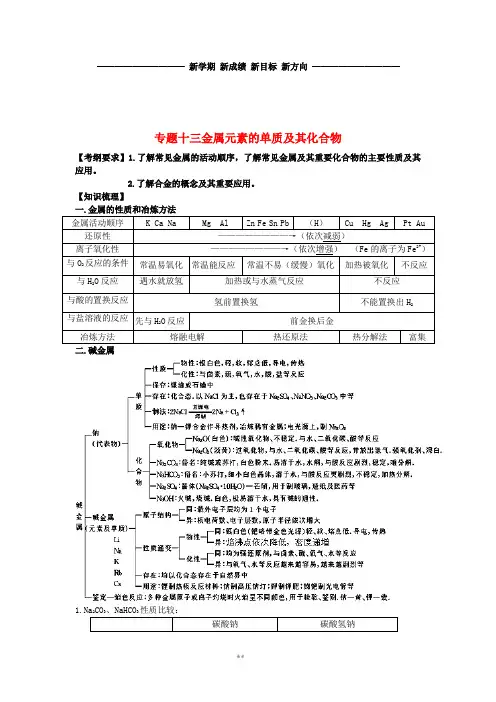 高考化学第二轮复习 专题十三 金属及其化合物教学案