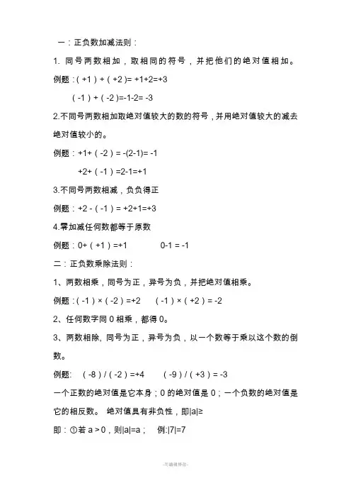 正负数加减法乘除则
