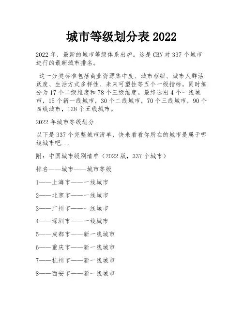 城市等级划分表2022