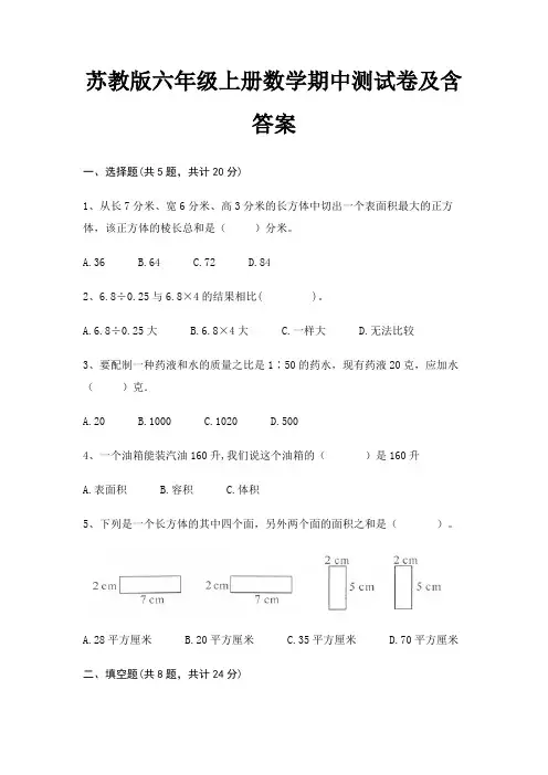 苏教版六年级上册数学期中测试卷及含答案完整版