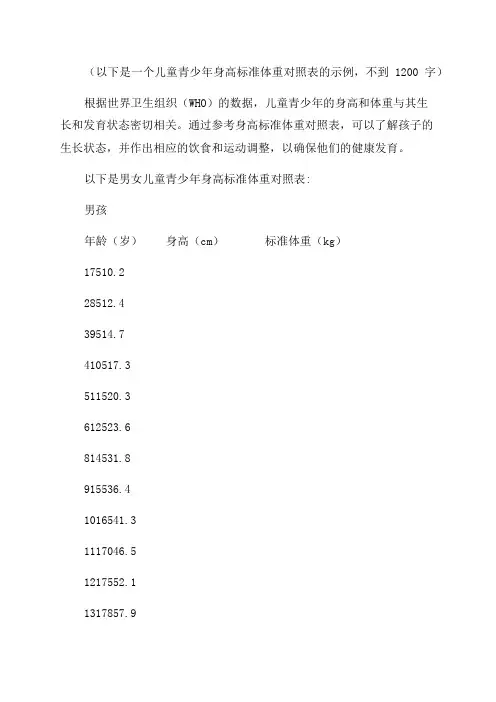 儿童青少年身高标准体重对照表