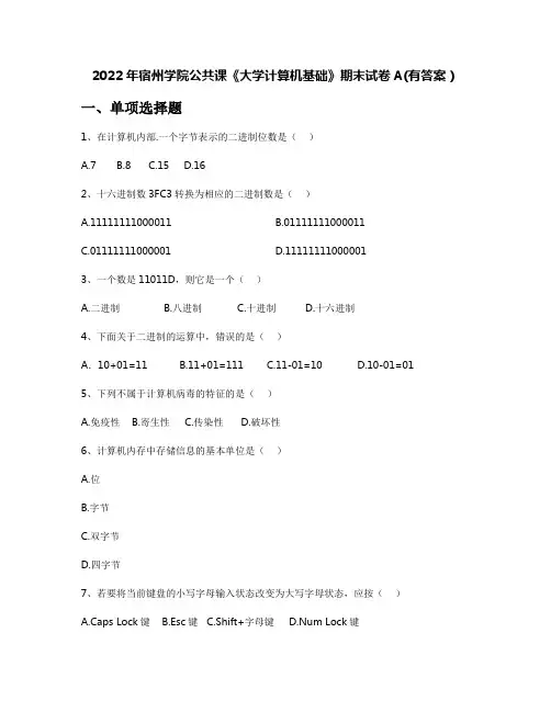 2022年宿州学院公共课《大学计算机基础》期末试卷A(有答案)