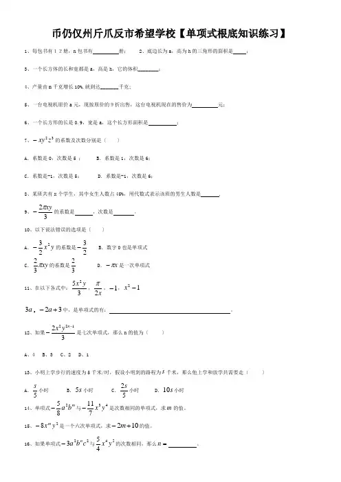 七年级数学(单项式)基础练习试题