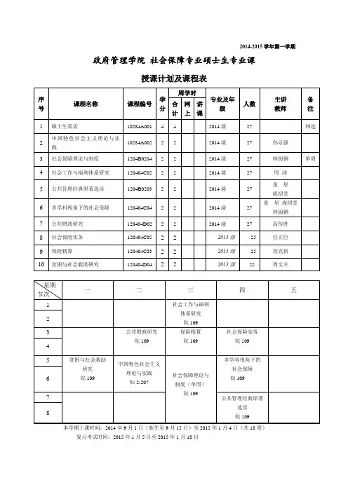 南京大学政府管理学院2014-2015学年第一学期研究生课程表