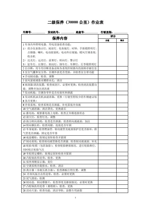汽车二级维护30000公里(评分表)