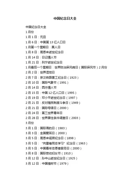 中国纪念日大全