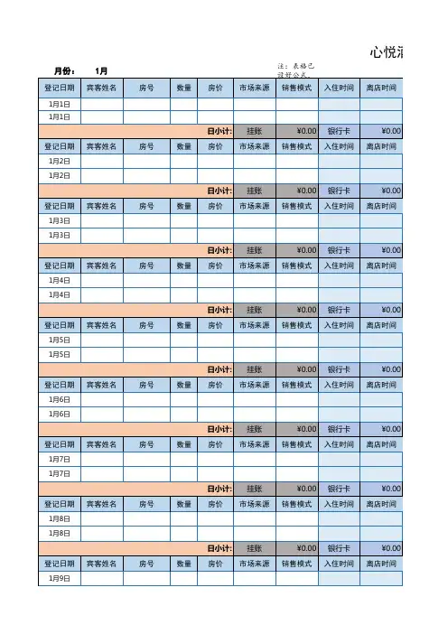 XX酒店前台收银手工报表