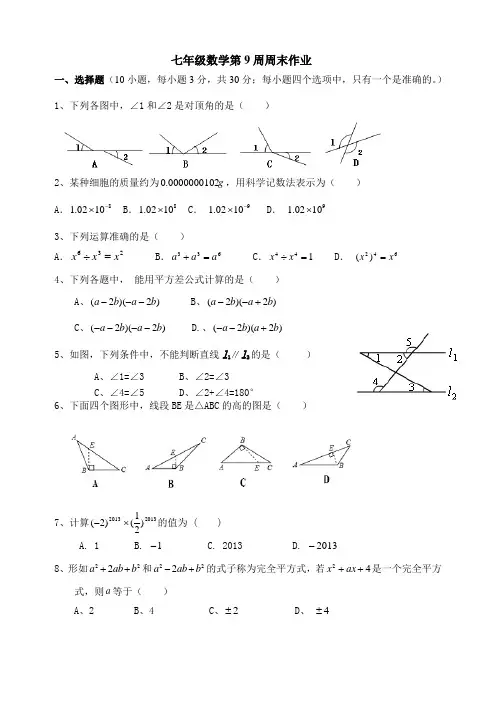 七年级数学第9周周末作业