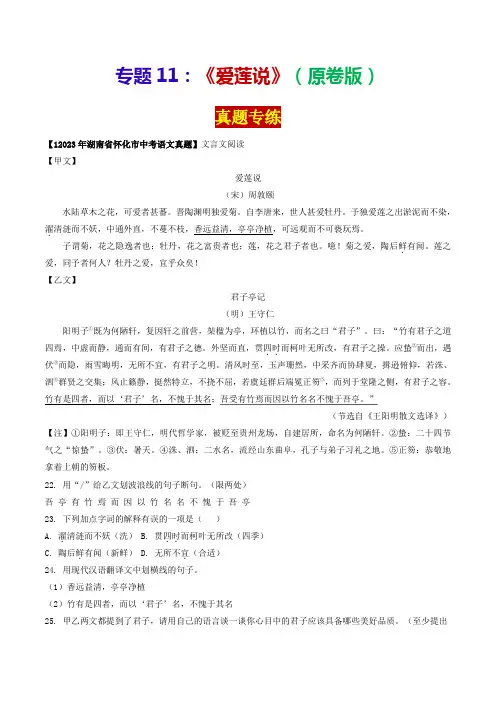 专题11《爱莲说》(真题专练)(原卷版)-2024年中考语文课内39篇文言文阅读