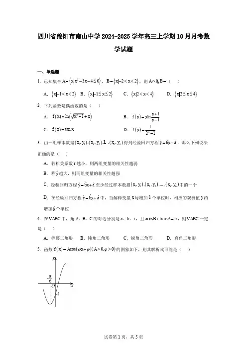 四川省绵阳市南山中学2024-2025学年高三上学期10月月考数学试题