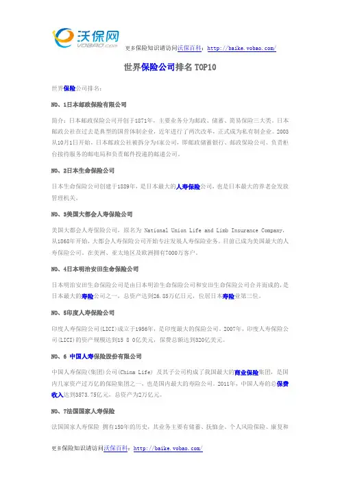 世界保险公司排名TOP10