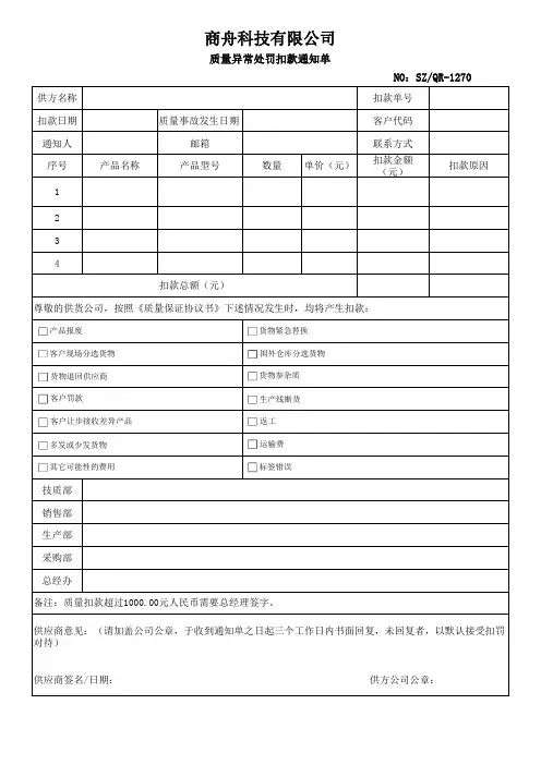供应商质量异常处罚扣款表