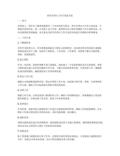 晋升经理后工作计划及目标
