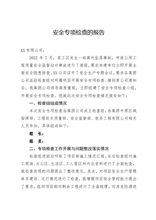 安全督导专项检查的报告