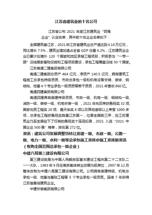 江苏省建筑业前十名公司