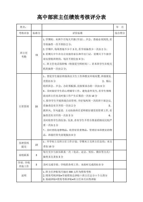 高中部班主任绩效考核评分表+总结(标准版)
