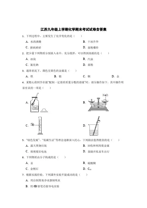 江苏化学九年级上学期期末考试试卷含参考答案100题精选5套
