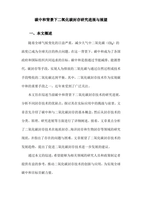 碳中和背景下二氧化碳封存研究进展与展望