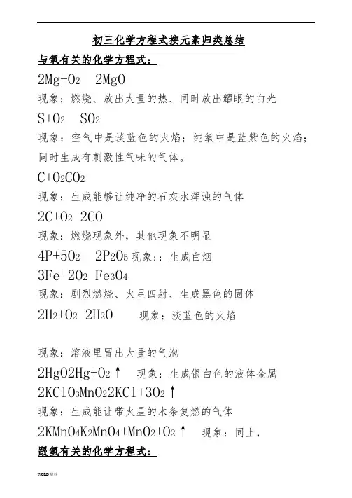 初三化学方程式总结(word完美版)