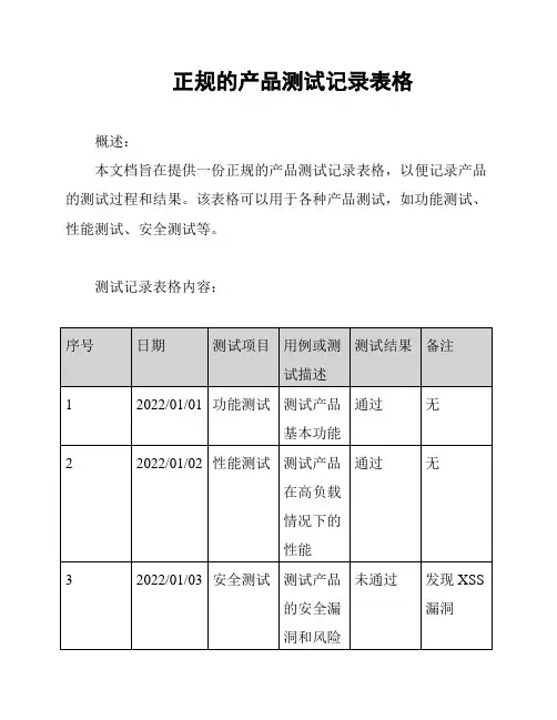 正规的产品测试记录表格