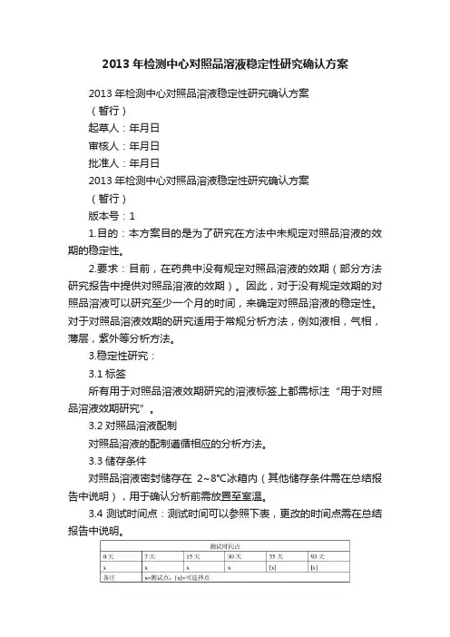 2013年检测中心对照品溶液稳定性研究确认方案