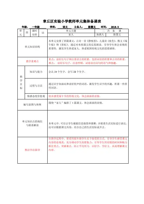 部编一年级语文下册第四单元单元集体备课