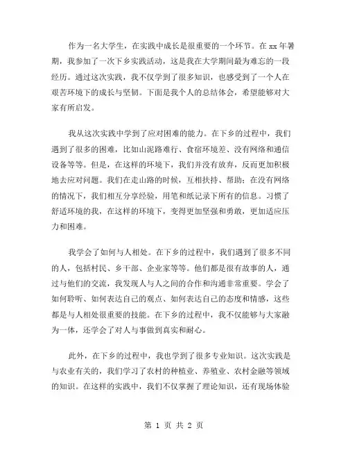 xx年实践中成长个人下乡总结范文