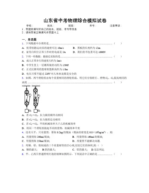 山东省中考物理综合模拟试卷附解析