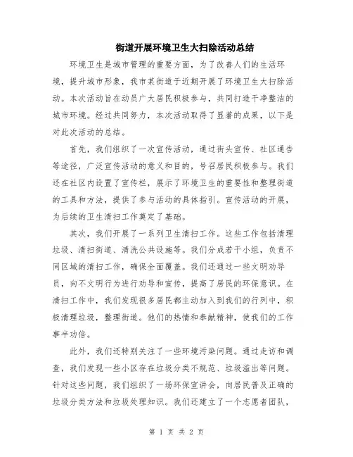 街道开展环境卫生大扫除活动总结