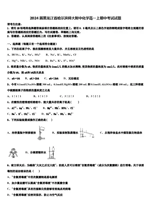 2024届黑龙江省哈尔滨师大附中化学高一上期中考试试题含解析