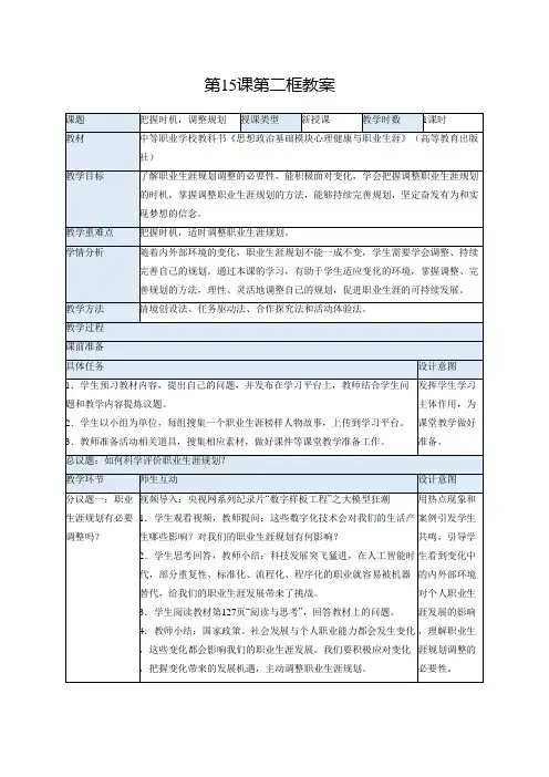 【中职】思想政治《心理健康与职业生涯》(高教版2023)15.2 把握时机,调整规划(教案)