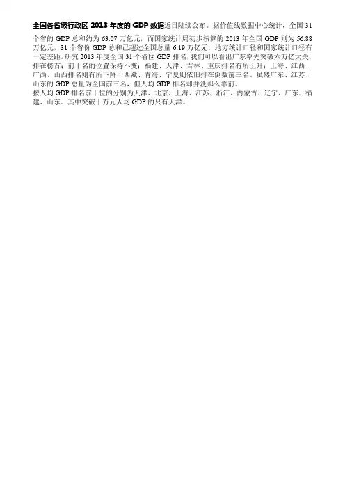 2013年度全国各省级行政区的GDP排名+世界各国GDP排名