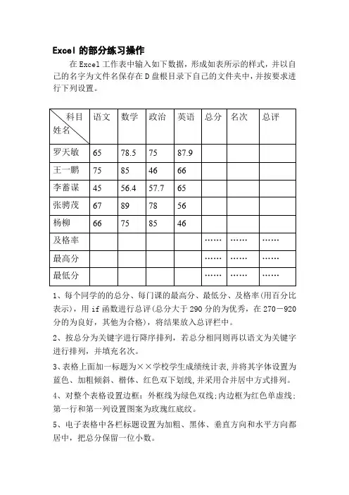 Excel的部分练习操作的综合练习