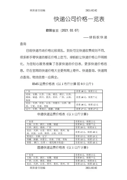 快递公司价格一览表-山东到安徽快递价格表