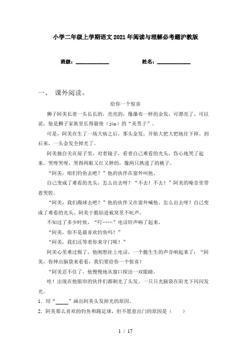 小学二年级上学期语文2021年阅读与理解必考题沪教版