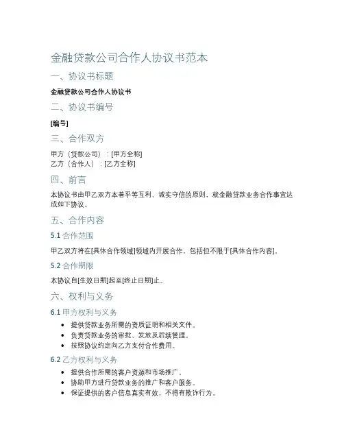 金融贷款公司合作人协议书范本