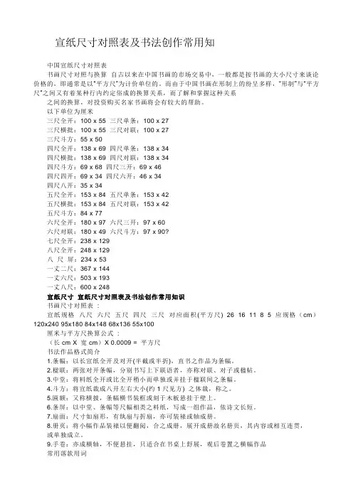 宣纸尺寸对照表及书法创作常用知