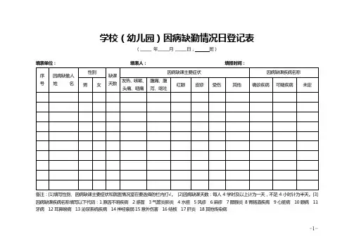 学校(幼儿园)因病缺勤情况日登记表