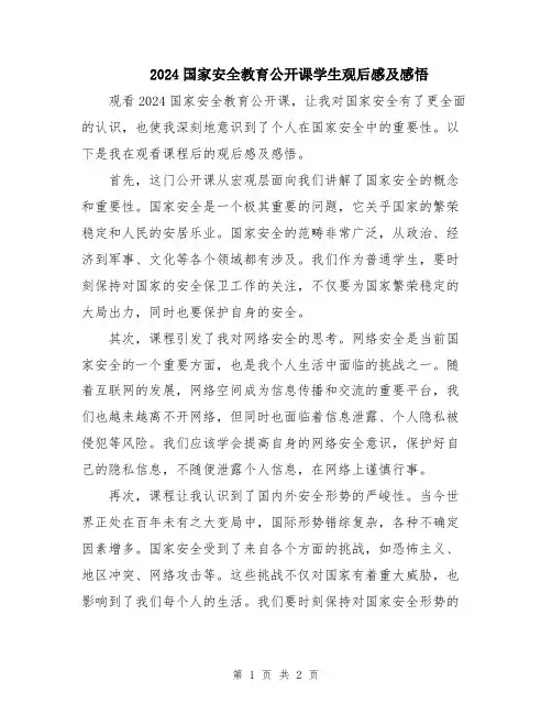 2024国家安全教育公开课学生观后感及感悟