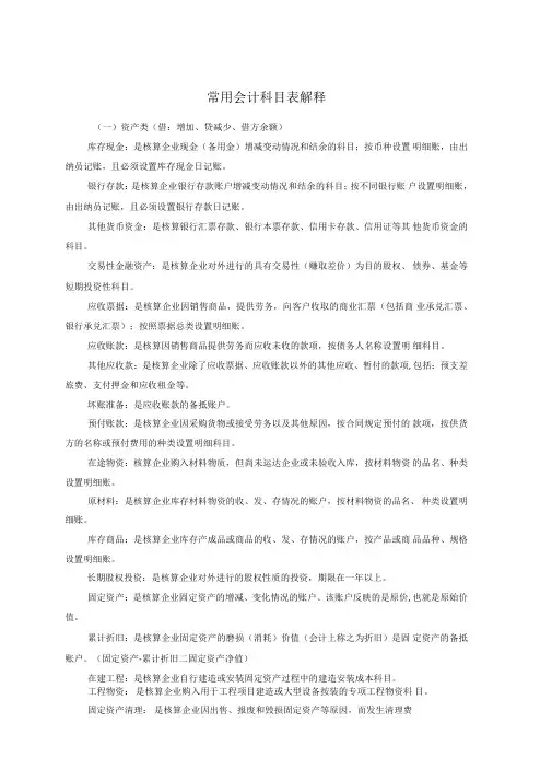 208常用会计科目表解释