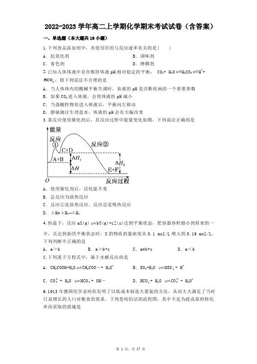 2022-2023学年高二上学期化学期末考试试卷(含答案)