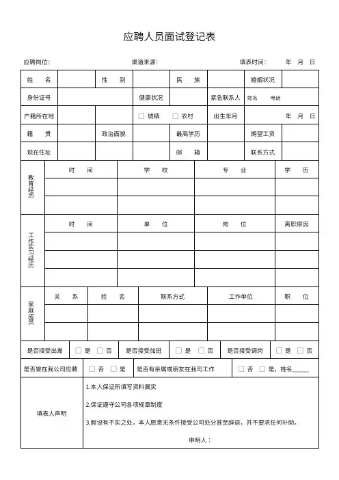应聘人员面试登记表