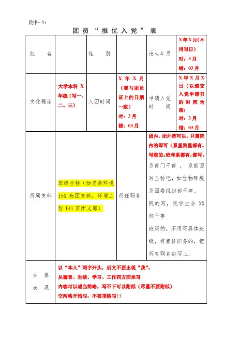 推优表格填写要求模板