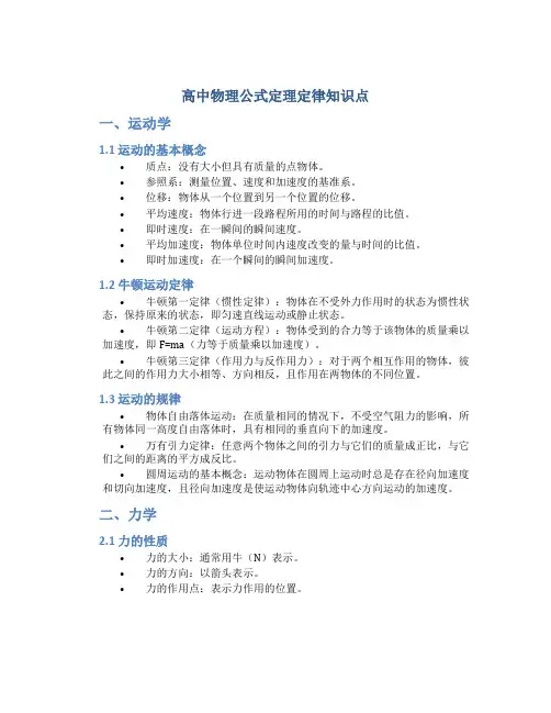 高中物理公式定理定律知识点
