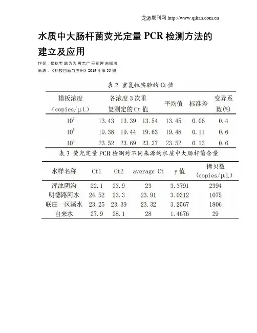 水质中大肠杆菌荧光定量PCR检测方法的建立及应用
