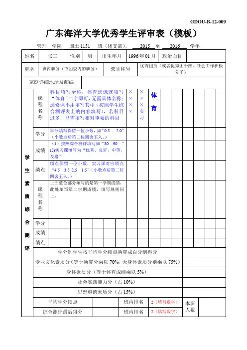 广东海洋大学优秀学生评审表(模板)