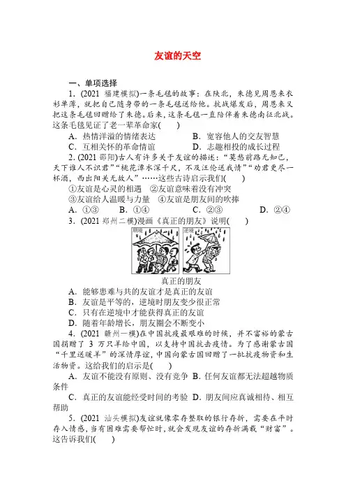 专题二友谊的天空练习- 中考道德与法治一轮专题复习练习